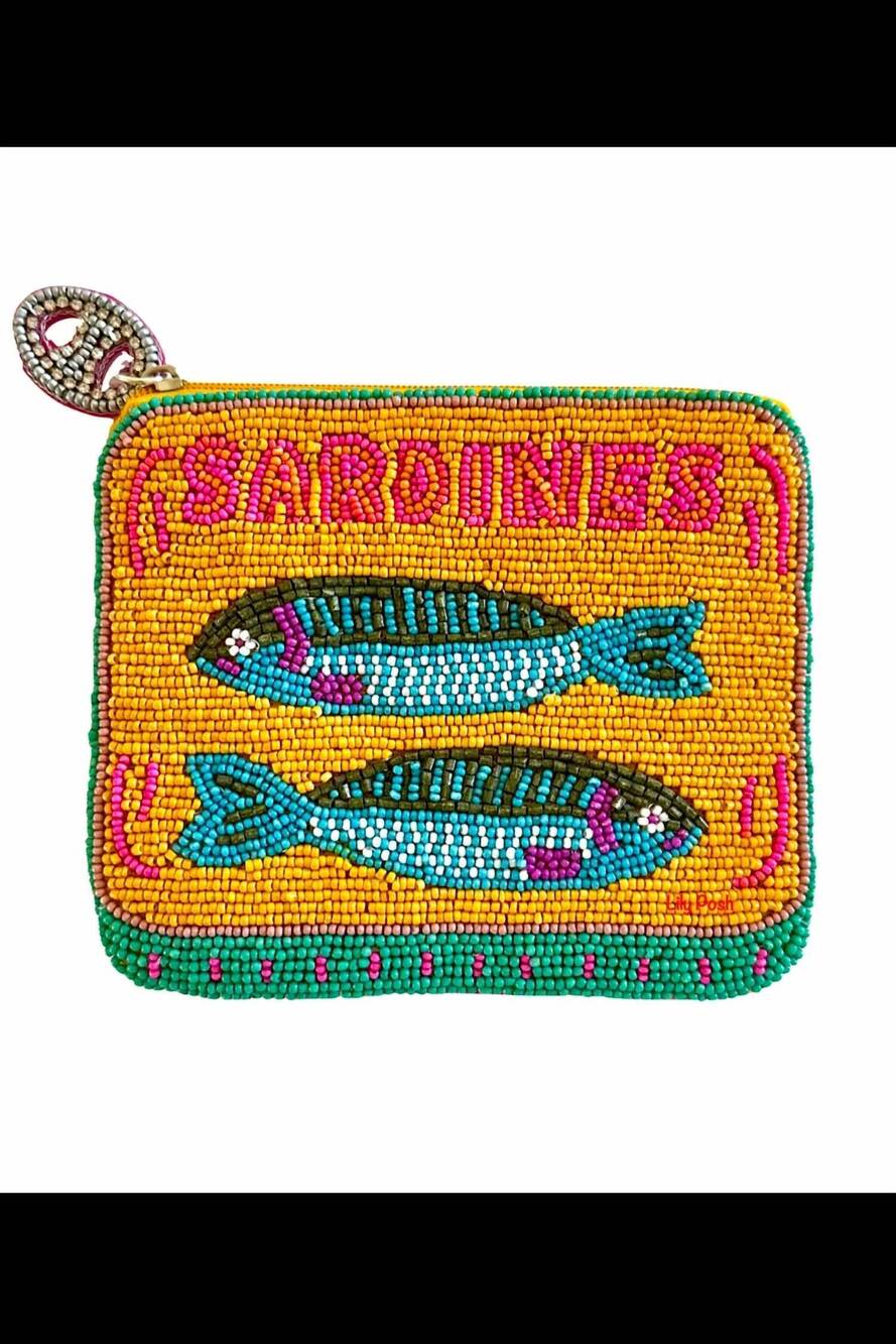 NEW LILY women's beaded sardines fish in tin can coin pouch in multicolor